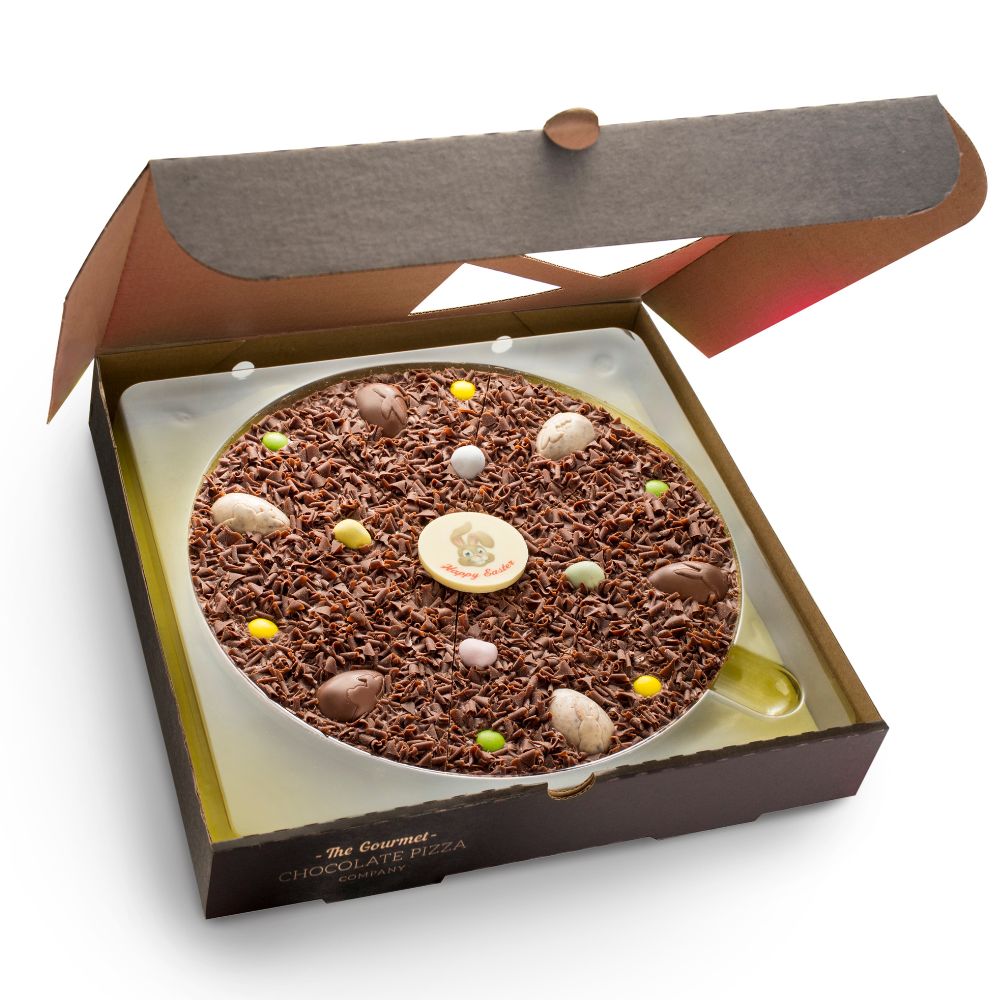 Ten Inch Easter Chocolate Pizza, decorated with rainbow chocolate drops, chocolate eggs, mini eggs and white chocolate bunny plaque.